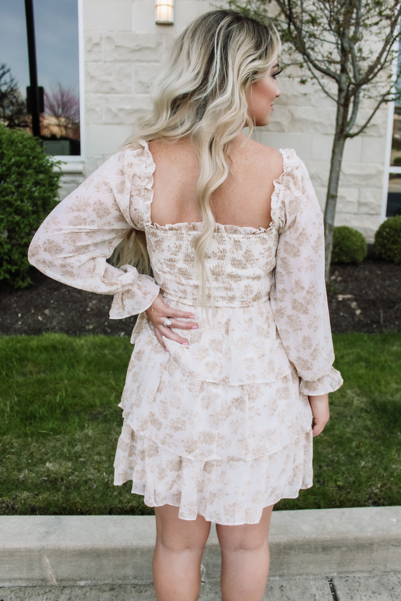 Taupe & Cream Floral Smocked Dress