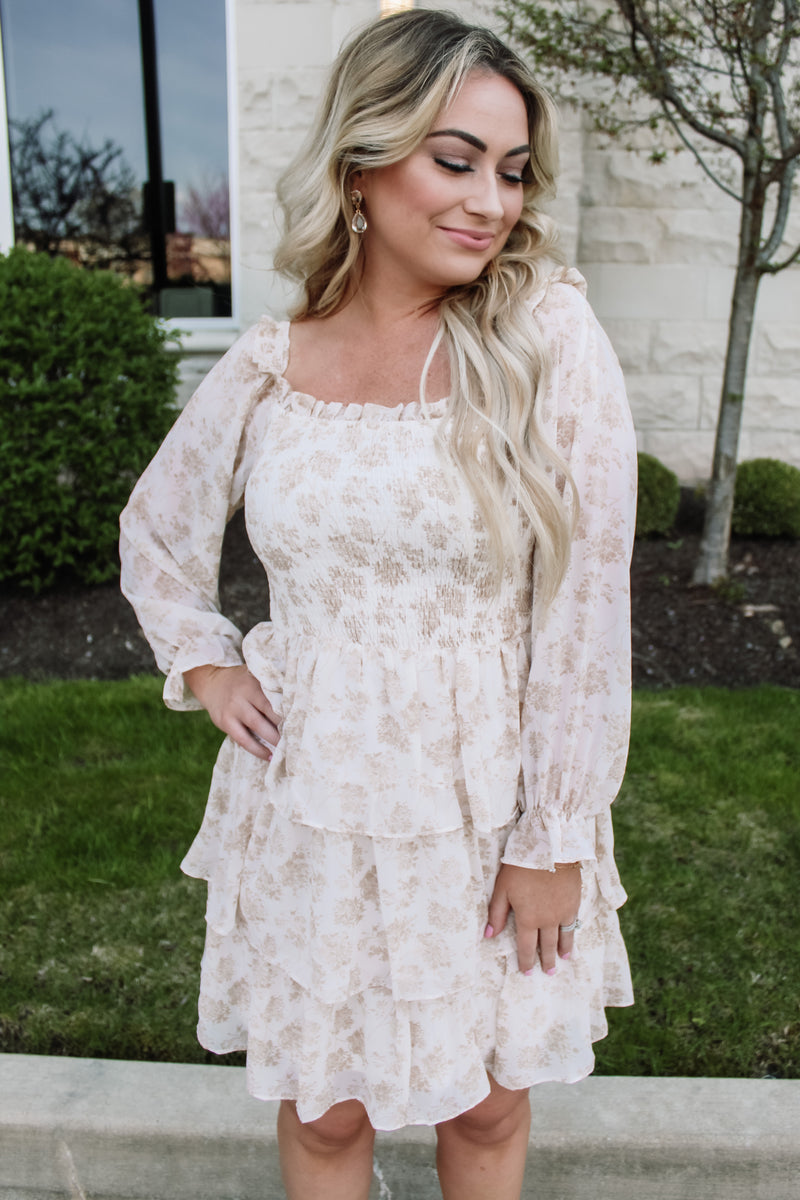 Taupe & Cream Floral Smocked Dress